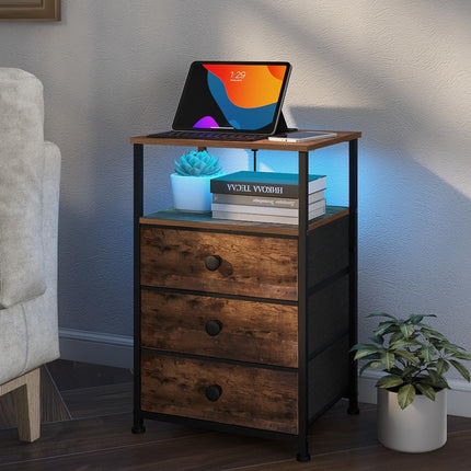 GiftGo Nightstand with Charging Station Led Light and 3 Fabric Drawers- #C1
