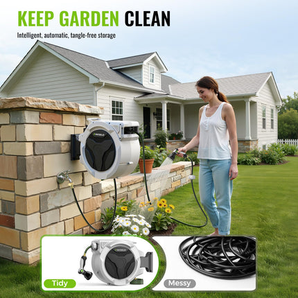 Retractable Hose Reel, 1/2 inch, 100 ft, 180° Swivel Bracket Wall-Mounted, Garden Water Hose Reel with 10 Pattern Nozzle, Auto Slow Rewind, Lock at Any Length, for Garden/Patio
