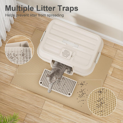 Stainless Steel Litter Box with Lid, XL Extra Large Litter Box for Big Cats, Enclosed Metal Litterboxes High Sided with Handles, Easy Cleaning Anti-Urine Leakage, Mat & Filter Pedal & Scoop, Beige