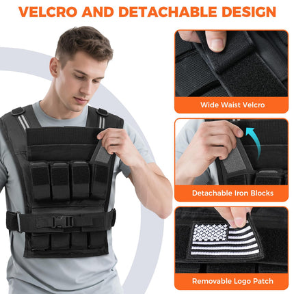 BAGAIL 20lbs Adjustable Weighted Vest Removable Iron Weights, Heavy Duty Fitness Vest for Strength Training, Walking Running, Home Workouts, BLACK