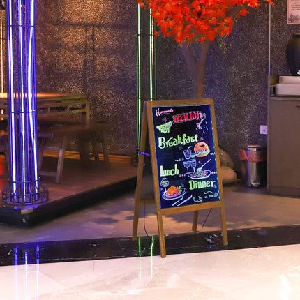 LED Drawing Chalk Board: Large Double Sided Blackboard with Lights - Wooden Message Chalkboard Display with 15 Light Colors 4 Flashing Mode for Kids, Restaurant Menu, Bar, Celebration