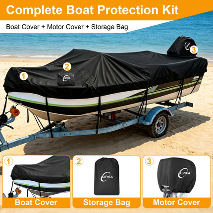 KIPIEA 14'-16'L beam width up to 68"W Trailerable Boat Cover, A6-TS10 BLACK