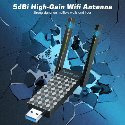 ElecMoga 1300Mbps WiFi Adapter 3.0 USB WiFi 5dBi Dual Band 2.4GHz/5GHz Wireless Adapter for PC/Desktop/Tablet/Laptop, Support Windows 7/10/11