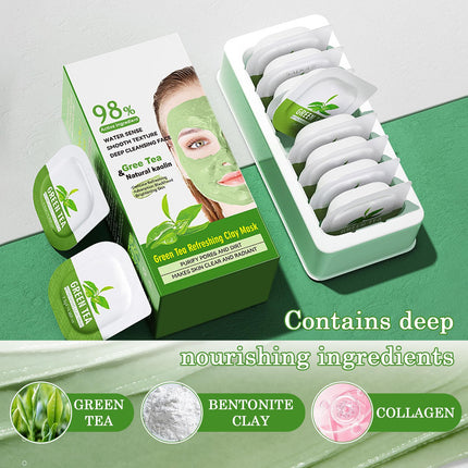 SALDOER 5PCS Green Tea Face Sheet Mask + 8PCS Green Tea Clay Mask Set, Oil Control Deep Cleansing Green Tea Clay Mask with Brush for All Skin Types