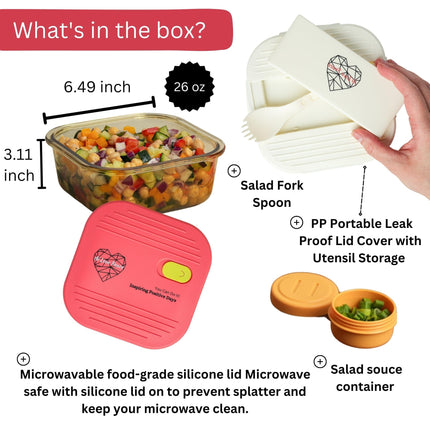 Glass Lunch Containers with 2 Lids, Microwave-Safe Silicone Vent Lid (Red) & Airtight PP Lid (White) with Utensil Storage, Leakproof Glass Snack Container, 26 oz Microwave Lunch Box for Salad & Snacks