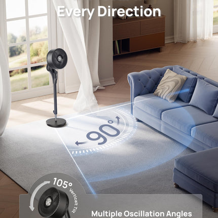 DREO Fan for Bedroom, 90° Oscillating Standing Fan, 20dB Quiet, 90ft Pedestal Fans for Room Office, DC Motor, 8+H Speeds, 3 Modes, 38-42'' Adjustable Height, Remote, 8H Timer, 105° Manual Vertical
