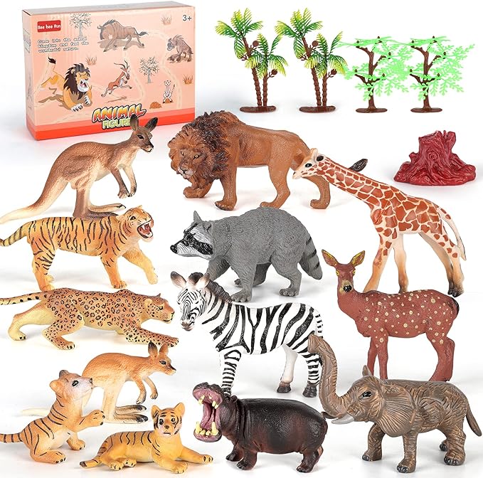 Zoo Animal Figures, 18 Piece Realistic Mini Jungle Animals Toys Set, Educational Learning Toys Forest Animals Figure Playset, Cake Toppers Christmas Birthday Gift T45