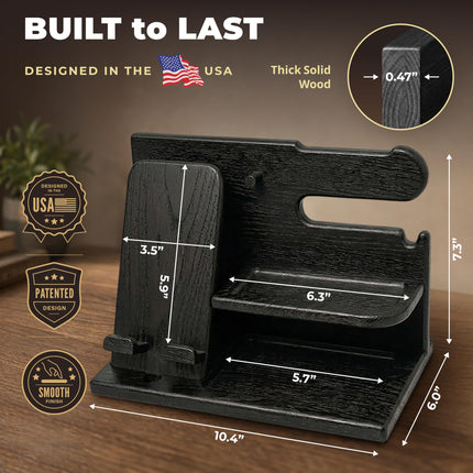 TESLYAR Wood Phone Docking Station - Gifts for Men - Desk or Nightstand Organizer - Birthday Gift for Husband, Dad - Anniversary Idea from Wife - Key Holder, Stand Wallet & Essentials (Granite Black)