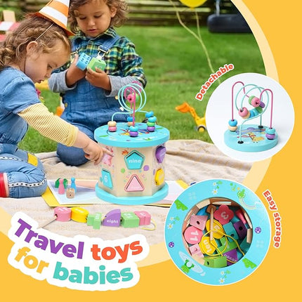 Wooden Activity Cube Baby Toys Montessori Toys for 1+ Year Old 4-in-1 Educational Learning Toys with Bead Maze T121