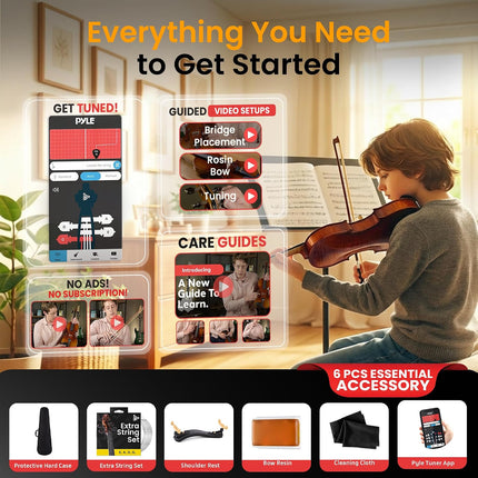 Pyle 1/2 Size 20" Student Grade Violin Starter Kit with Travel Case & Bow