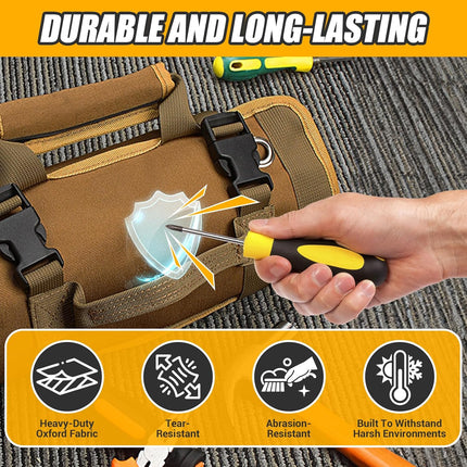 Roll Up Tool Bag Organizer - 4 Large Pockets & 2 Small Pouches Tool Roll for Plumbers, Carpenters & Handymen