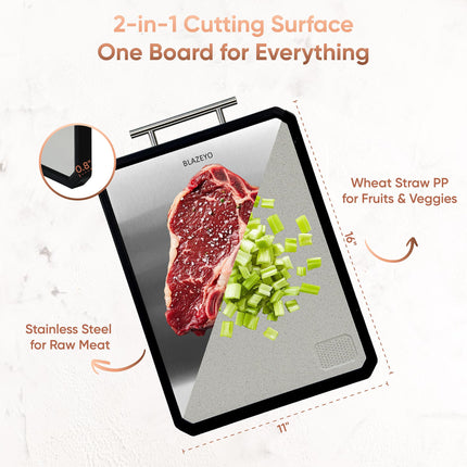 BLAZEYO 2-in-1 Double Sided Stainless Steel Cutting Board, Large Size 41 * 28 cm/16”×11” Chopping Board, Food Grade Non Toxic Dishwasher Safe