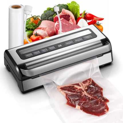 AOBOSI Vacuum Sealer Machine with Built-in Cutter and Storage Box, 95Kpa Automatic Food Sealer, Adjustable Pressure & Time, Includes 1 Bag Rolls & Accessory Hose for Vacuum Packing
