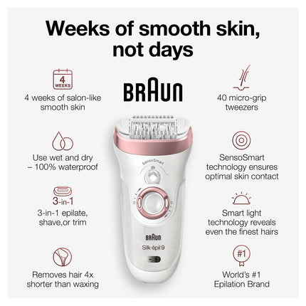 Braun Epilator Silk-apil 9 9-870, Facial Hair Removal for Women, Wet & Dry, Women Shaver & Trimmer, Cordless, Rechargeable, with Venus Extra Smooth Razor