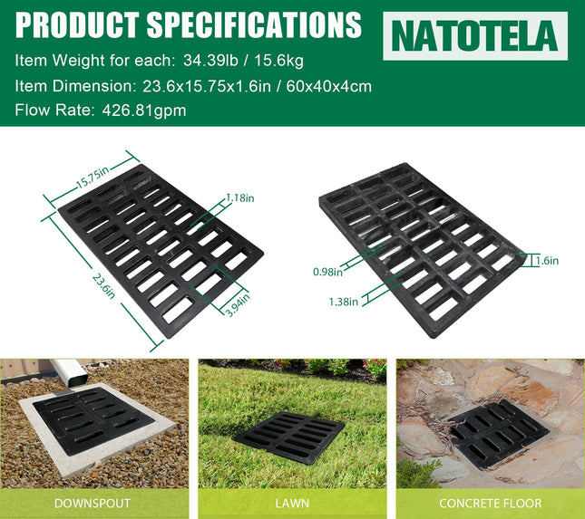 Natotela Fiberglass Cacth Basin Grate-24x16in Square Outdoor Drain Grate for Concrete Cacth Basin,Durable Flat Drainage Grate for Downspout Sewer Lawn Yard Lawn Patio Inlet(23.6x15.75in)