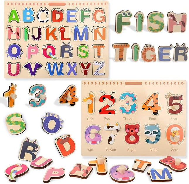 Aomola Wooden Puzzles for Toddlers,Alphabet ABC Numbers Puzzles Set,Kids Educational Preschool Pegged Puzzles,Learning Toys Gift T9