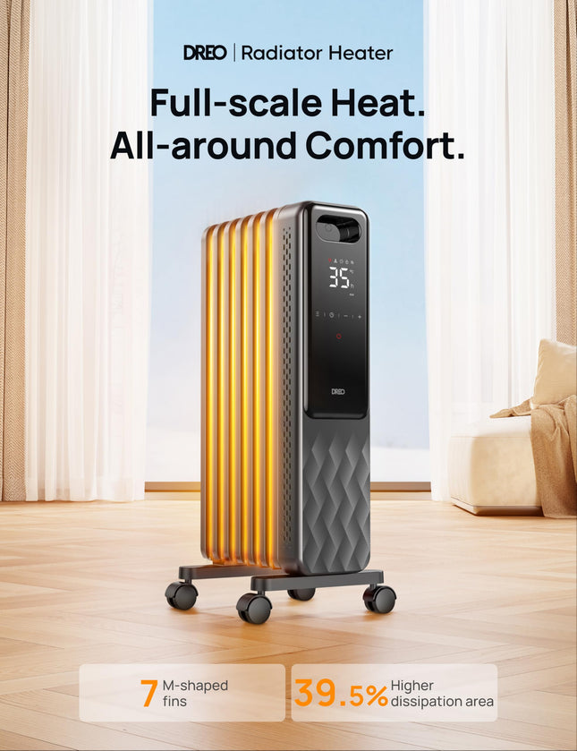 DREO Oil Filled Radiator, Electric Radiant Heaters for indoor use Large Room with Remote Control, Child Lock, 4 Modes, Overheat & Tip-Over Protection, 24h Timer, Digital Thermostat, Quiet, 1500W