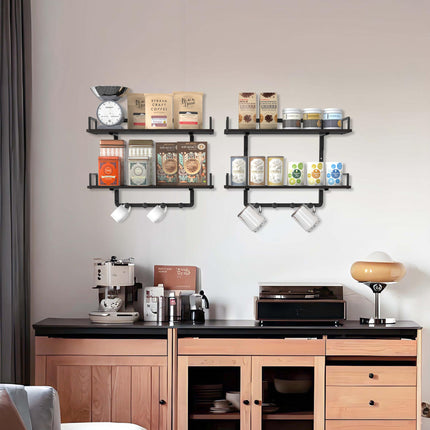 BEAUTME Floating Shelves, 24 Inch 2 Tier Kitchen Shelves Wall Mounted with 4 Hooks, Hanging Wall Shelf for Living Room, Coffee Bar, Bedroom, Bathroom