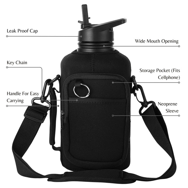 Thermosis 64 Oz insulated water bottle Stainless Steel Water Bottle with Straw & Holder Strap - Includes 2 Lids water bottles - Leak Proof water bottle for Men & Women - Black