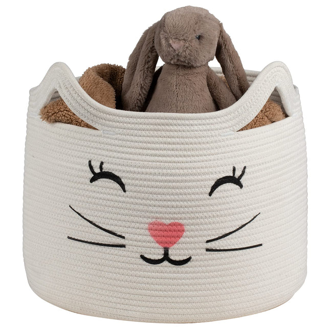 ZLG Cat Face Cotton Rope Gift Wicker Basket Hamper wicker for Toys Towels (white)