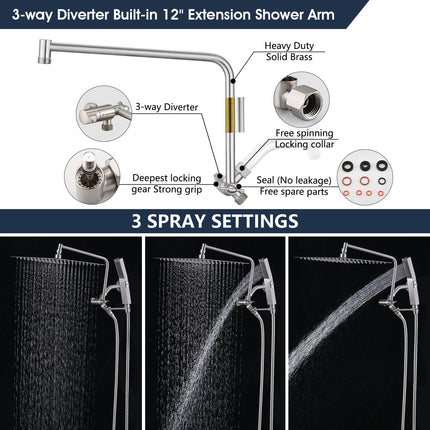 PDPBath All Metal Rain Shower Head with Handheld Built-in High Pressure Wash Mode, 12'' Rainfall Shower Head with Adjustable Z-shaped Extension Arm, Adjustable Brass Bracket, 79" Hose, Brushed Nickel