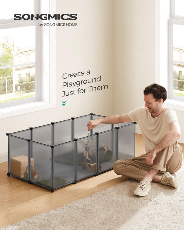 SONGMICS Pet Playpen with Floor, Small Animal Pen, Pet Fence Indoor, 49.2 x 24.8 x 16.5 Inches, Gray ULPC001G01