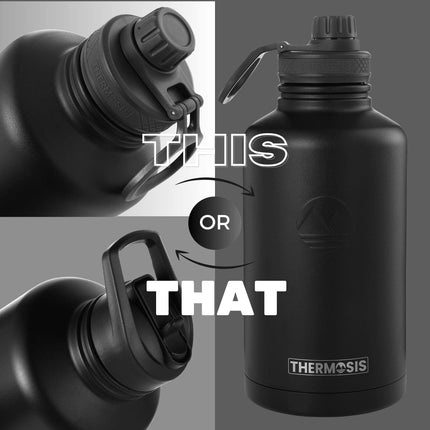 Thermosis 64 Oz insulated water bottle Stainless Steel Water Bottle with Straw & Holder Strap - Includes 2 Lids water bottles - Leak Proof water bottle for Men & Women - Black