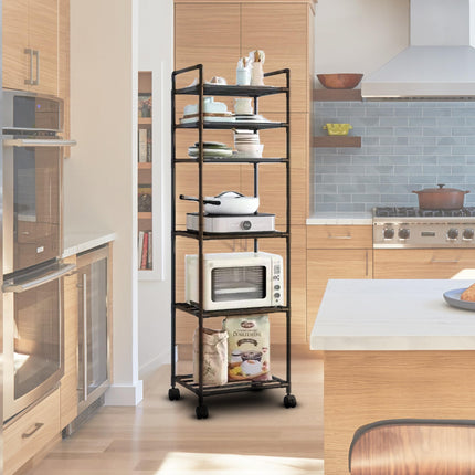 Jungle Fox Black 6 Tier Kitchen Storage Rack with Wheels, Adjustable, Durable, Easy-to-Assemble Organizer for Kitchen and Bakers, Functional Design