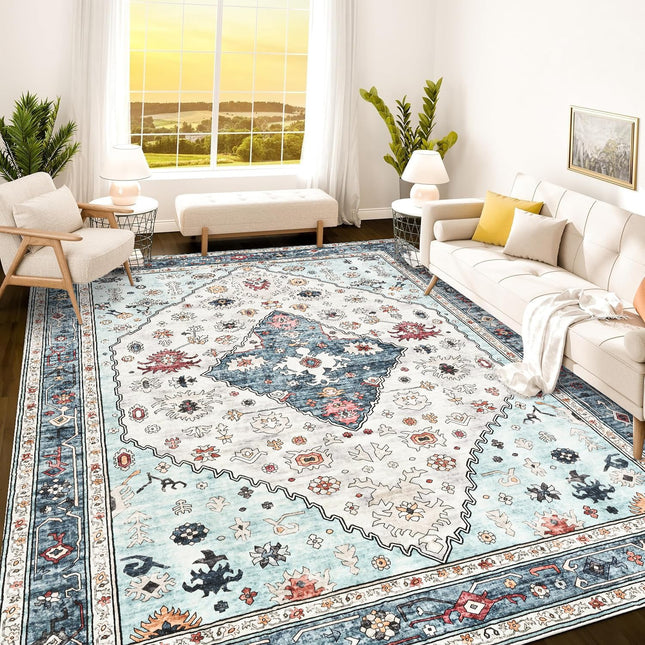 Istana Rugs 8x10 - White Cream/Blue Area Rug - Foldable Stain Resistant Bedroom 8x10 Area Rugs - Washable Rug - 8 x 10 Area Rugs for Living Room - Eco-Friendly Area Carpet