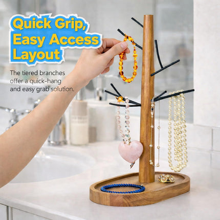 【Elegant & Sturdy】 Black Metal Jewelry Stand with Acacia Wood Tray | Necklace & Bracelet Holder | Minimalist Jewelry Organizer for Vanity, Bathroom & Retail Display | 34 cm Tall
