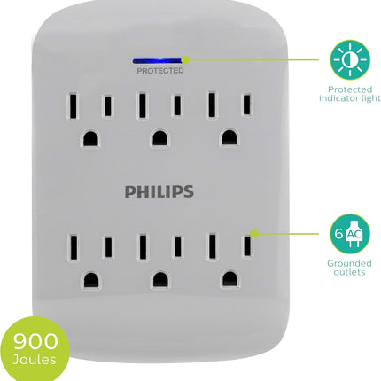 PHILIPS Home Power 6 Surge Protector Outlet Extender, 900 Joules