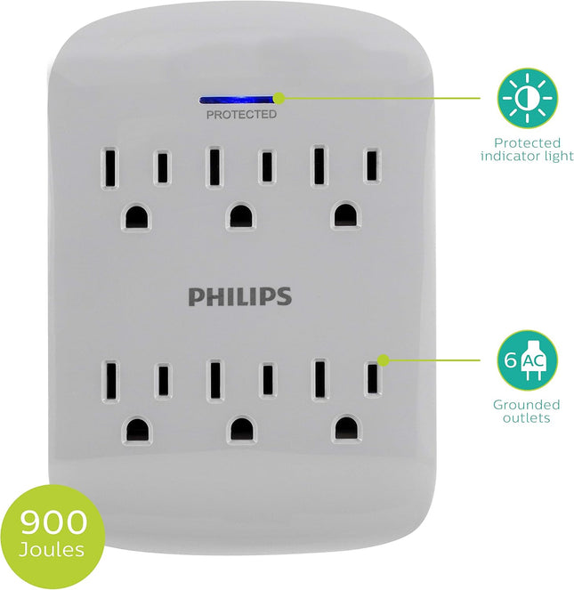PHILIPS Home Power 6 Surge Protector Outlet Extender, 900 Joules
