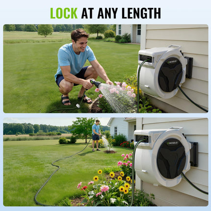 Retractable Hose Reel, 1/2 inch, 100 ft, 180° Swivel Bracket Wall-Mounted, Garden Water Hose Reel with 10 Pattern Nozzle, Auto Slow Rewind, Lock at Any Length, for Garden/Patio