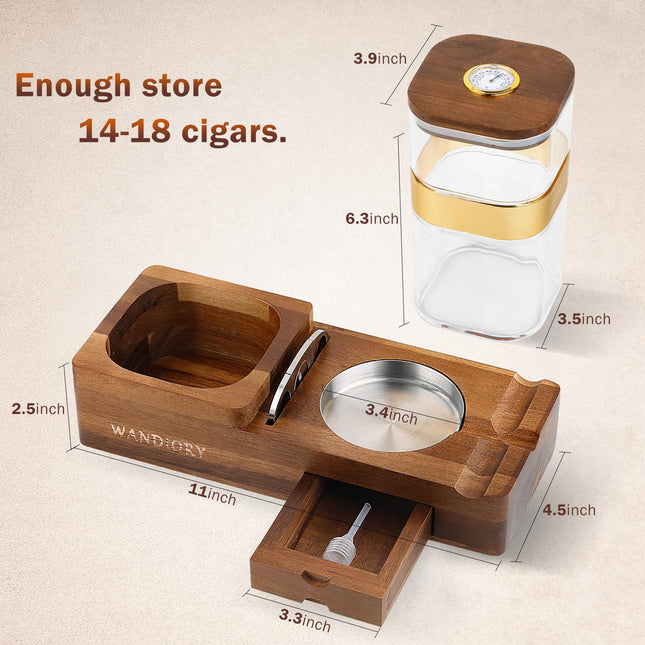 WANDiORY Cigar Humidor Ashtray Set, Multi-functional Cigar Humidors with Sealed Box, Hygrometer, Humidifier, Detachable Ashtray, Small Drawer, Cutter, Brown, Acacia Wood, Rustic Modern Style