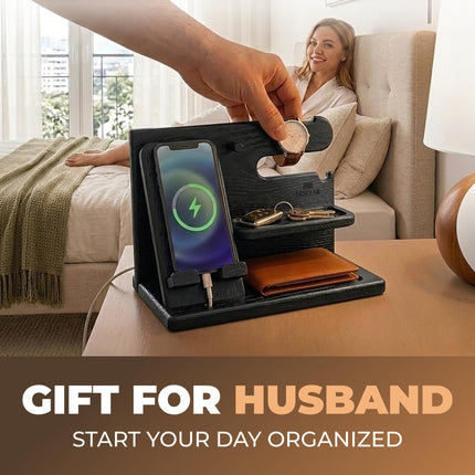 TESLYAR Wood Phone Docking Station - Gifts for Men - Desk or Nightstand Organizer - Birthday Gift for Husband, Dad - Anniversary Idea from Wife - Key Holder, Stand Wallet & Essentials (Granite Black)