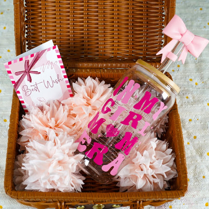 ANOTION in My Girl Mom Era Gift Set - Girl Mom Iced Coffee Cups, Mothers Day Coffee Mug with Straw, New Mom Gifts, Mother's Day Card, Mama Birthday Gift, Glass Tumbler Drinking Cup for Mother