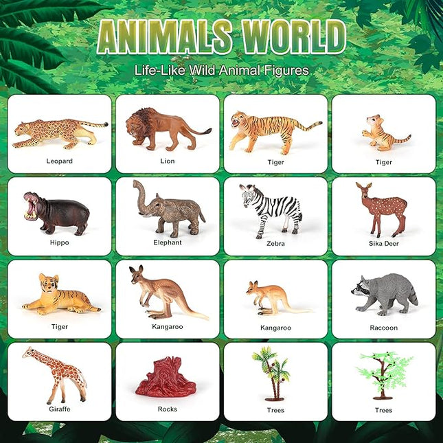 Zoo Animal Figures, 18 Piece Realistic Mini Jungle Animals Toys Set, Educational Learning Toys Forest Animals Figure Playset, Cake Toppers Christmas Birthday Gift T45