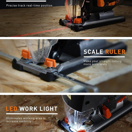 TACKLIFE 6.7-Amp 6 Variable Speed (800-3000 SPM) 800W Jig saw with Laser & LED, 4 Orbital Sets, 6 Blades, 45° Bevel Cutting, Scale Ruler, Dust Blowing for Wood, Metal and Plastic Cutting, PJS02A
