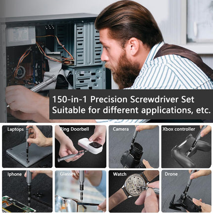 GWAHRWW Precision Screwdriver Set,150 in 1 tool kit screwdriver set with 120 Bits Magnetic Screwdriver Kit & 30 Bits Tool Set Handy Repair Tool, for Laptop,PC,Game,Console,Glasses, Black