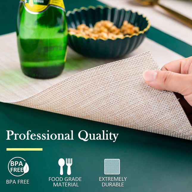 Placemats Set of 6 Washable Indoor/Outdoor Vinyl Place Mats for Dining Table PVC Weave Table Mats(Beige)