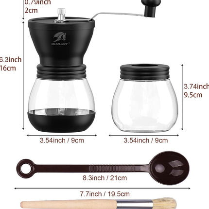MLMLANT Manual Coffee Grinder Adjustable Coarseness Ceramic Mill Hand Coffee Mill with Two Glass Jars & Brush & Tablespoon Scoop for Home Office and Travelling