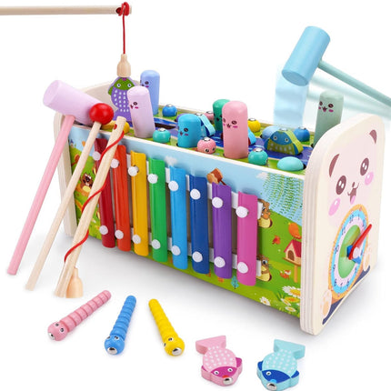 BLiSS HUES 7 in 1 Multiactivity Wooden Montessori Toys Toddlers- Includes Games Whack a Mole- Fishing- Xylophone- Sliding Maze & More- Fine Motor Skills & Sensory Toys for Kids