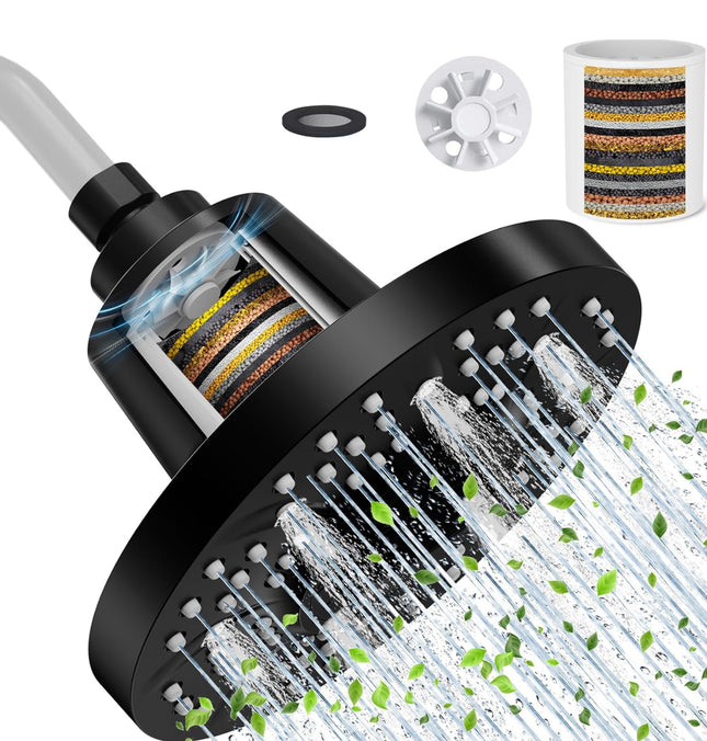 SR SUN RISE 7-Inch High-Pressure Filtered Shower Head, 20 Stage Hard Water Filter Cartridge Built In for Water Softening, Improve the Condition of Dry Hair and Skin, Black
