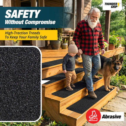Thunder Grip Outdoor Stair Treads Non Slip 30" x 8" - 12-Pack Weather Resistant Exterior Grip Tape for Wooden Steps Strips Waterproof 80-Grit Adhesive Treads