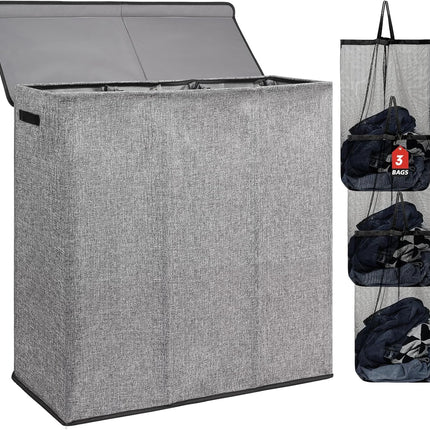 DOKEHOM 180L Laundry Basket with Removable Lid and Laundry Bags, Large Collapsible Laundry Hamper with 3 Sections for Bedroom, Bathroom, Laundry Room, College (grey)