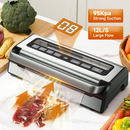 AOBOSI Vacuum Sealer Machine with Built-in Cutter and Storage Box, 95Kpa Automatic Food Sealer, Adjustable Pressure & Time, Includes 1 Bag Rolls & Accessory Hose for Vacuum Packing