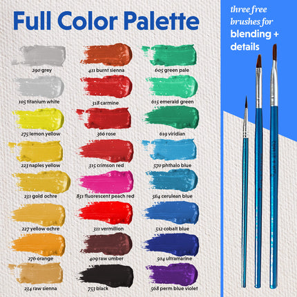 Crafts 4 All Acrylic Paint Set for Kids and Adults - 24 Pack of 12 mL Craft Paint Colours for Wood, Canvas, Fabric, Ceramics and Rock Painting w/Different Sized Brushes - Art Supplies