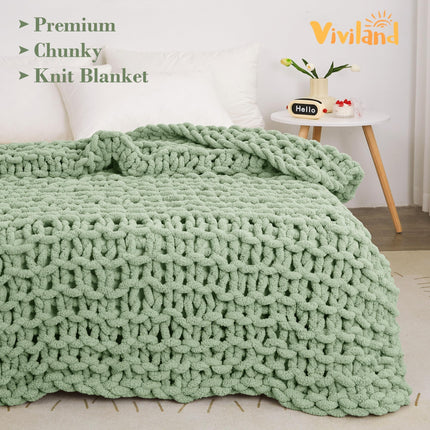 Viviland 50"x60" Light Green Cream Soft Washable Chenille Cozy Knit Blanket for Couch Bed Sofa Room