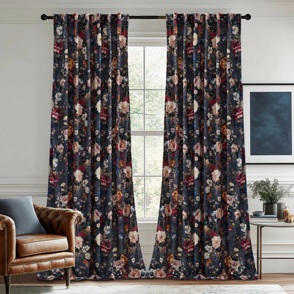 NICETOWN Floral Velvet Curtains 2 Panels 96 Inch Long, 52 Wide, Retro Blue Multi