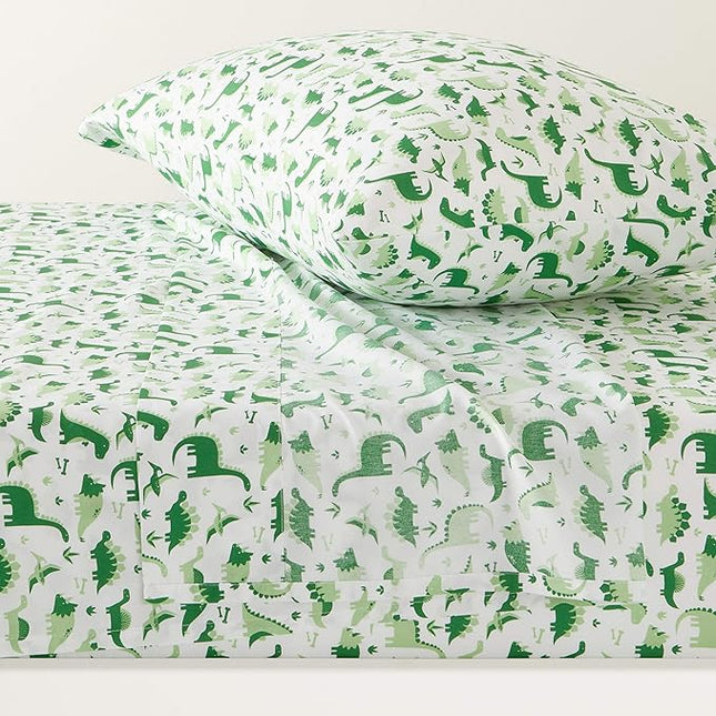 Amazon Basics Kid's Dino Friends Soft Easy-Wash Microfiber Sheet Set, Twin, Grass Green Dinosaurs 1J36